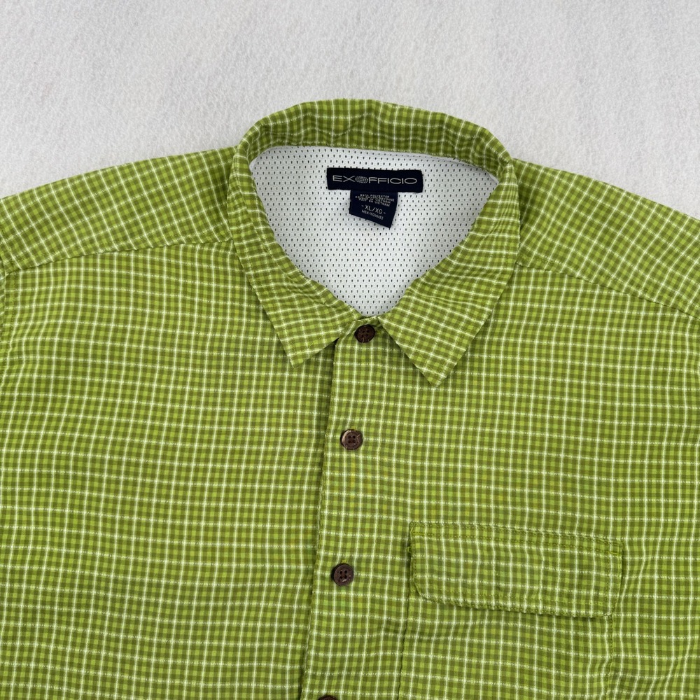 ExOfficio Mens XL Green Plaid Short Sleeve Button Down Hiking Shirt Utilitarian